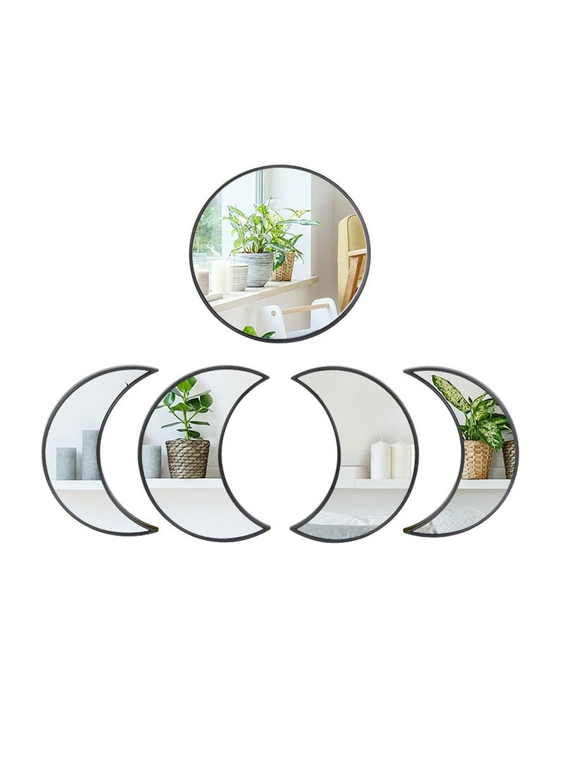 Moon Round Shape Mirror Set, 5 Piece Plastic Boho Mirrors Wall Decor, Glass Moon Phase Mirror, Northern Europe Style Decoration for Home Bedroom, Living Room
