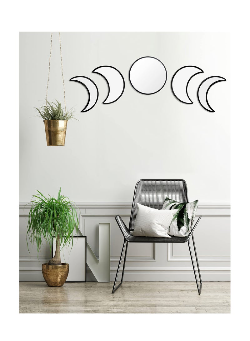 Moon Round Shape Mirror Set, 5 Piece Plastic Boho Mirrors Wall Decor, Glass Moon Phase Mirror, Northern Europe Style Decoration for Home Bedroom, Living Room