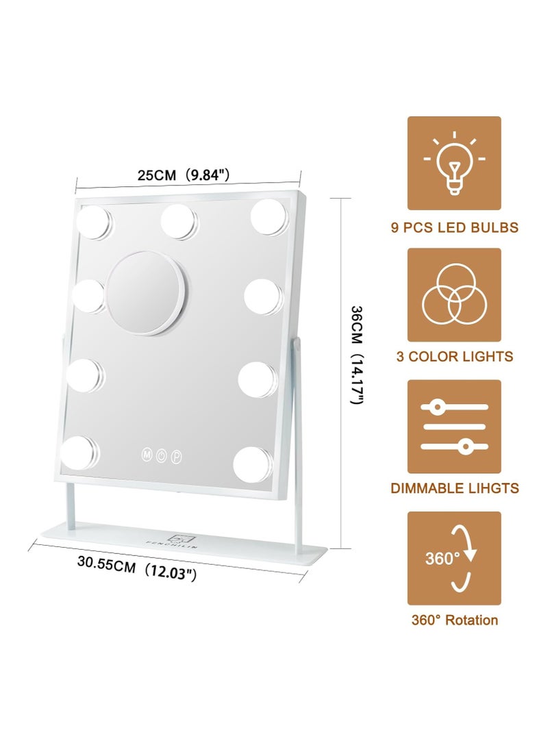 Vanity Mirror with Lights Hollywood Lighted Makeup Mirror with 9 LED Bulbs, 3Colors Dimable Light Detachable 10X Magnification(White)