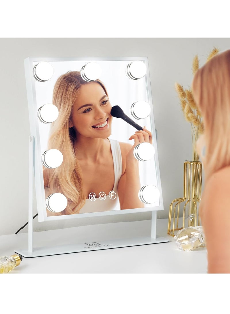 Vanity Mirror with Lights Hollywood Lighted Makeup Mirror with 9 LED Bulbs, 3Colors Dimable Light Detachable 10X Magnification(White)