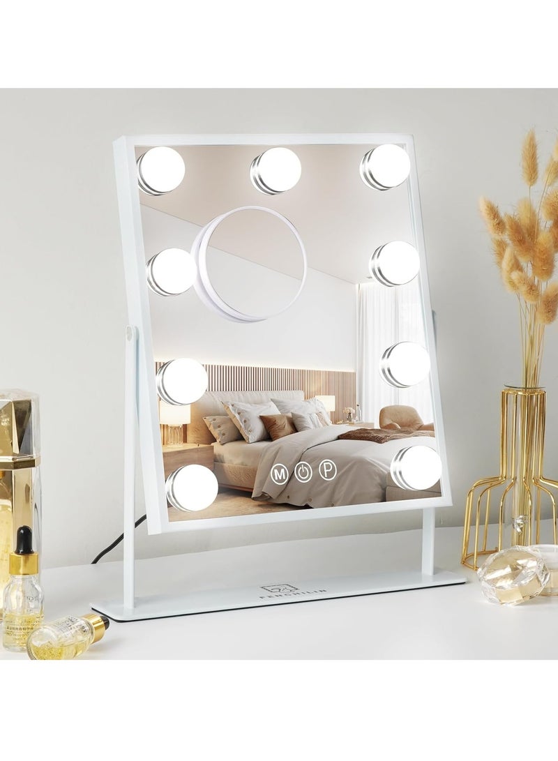 Vanity Mirror with Lights Hollywood Lighted Makeup Mirror with 9 LED Bulbs, 3Colors Dimable Light Detachable 10X Magnification(White)