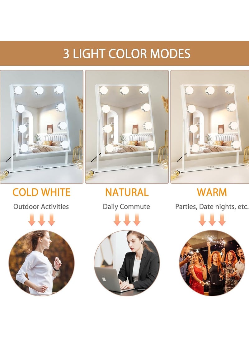 Vanity Mirror with Lights Hollywood Lighted Makeup Mirror with 9 LED Bulbs, 3Colors Dimable Light Detachable 10X Magnification(White)