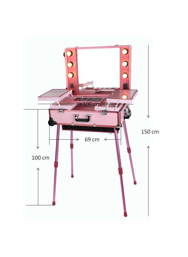 Makeup Train Stand Case With Pro Studio Artist Trolley And Lights Pink Queen Size