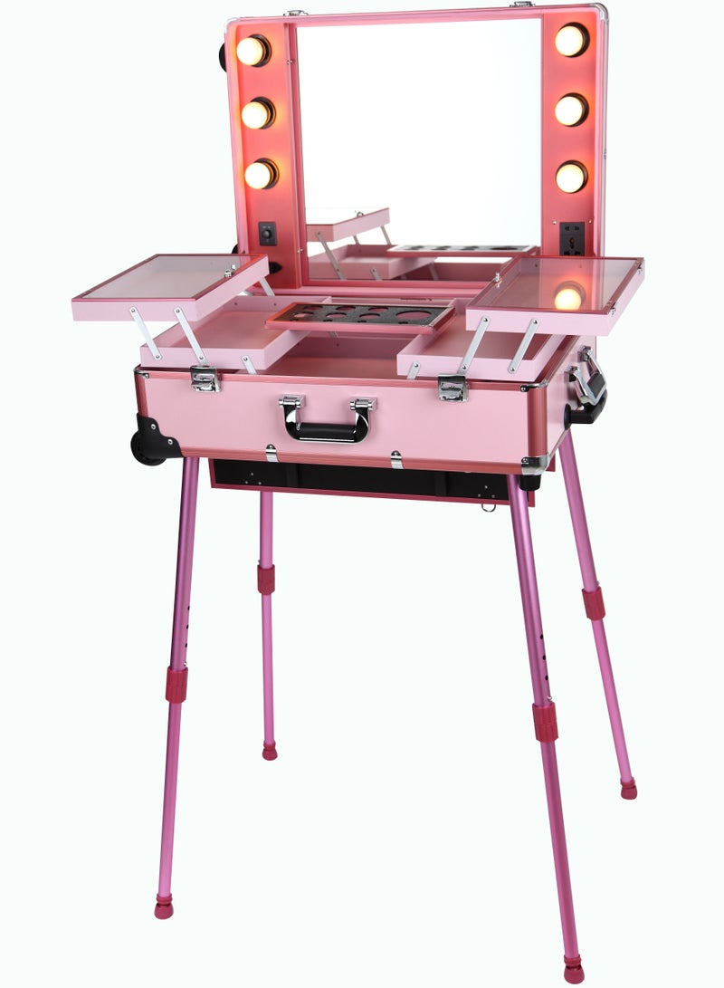 Makeup Train Stand Case With Pro Studio Artist Trolley And Lights Pink Queen Size