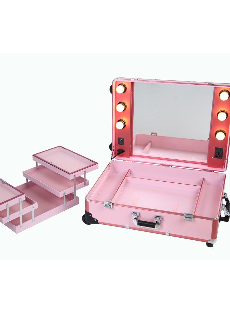 Makeup Train Stand Case With Pro Studio Artist Trolley And Lights Pink Queen Size