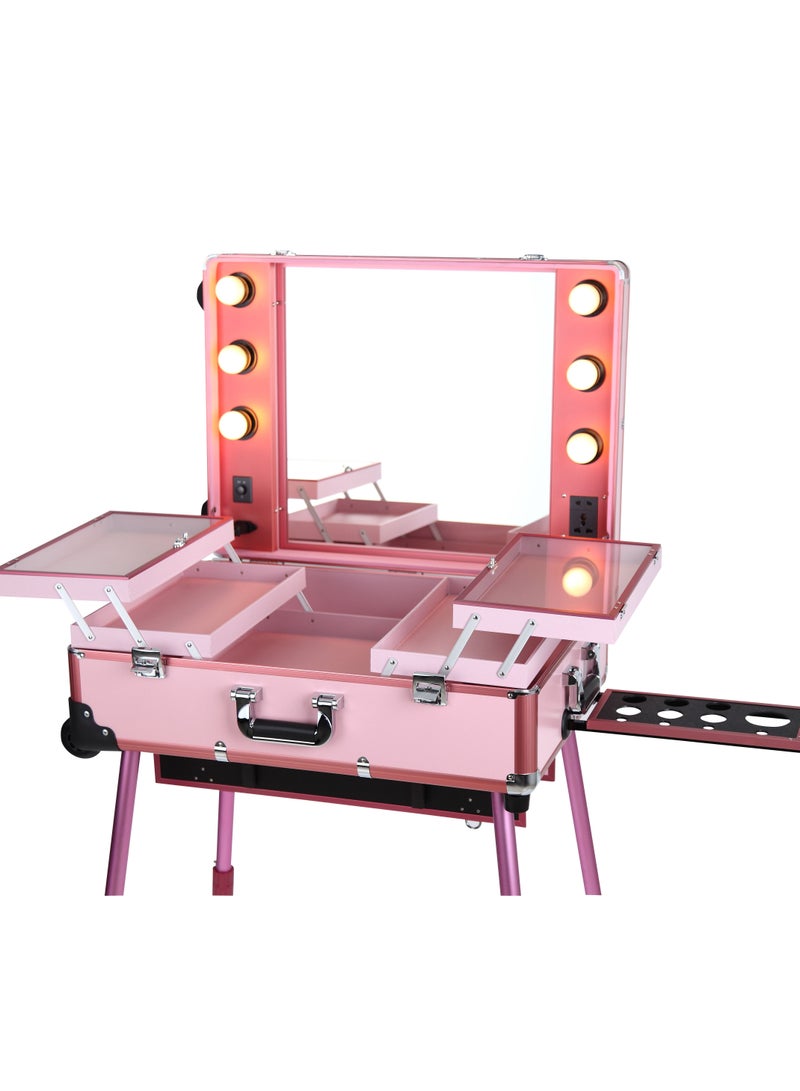 Makeup Train Stand Case With Pro Studio Artist Trolley And Lights Pink Queen Size