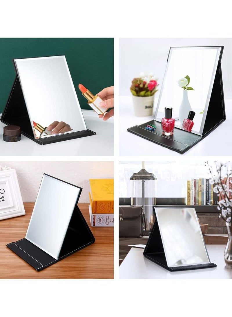 Portable Folding Vanity Mirror, Desktop Makeup Mirror with Adjustable Stand, PU Leather Travel Mirror for Camping, Home