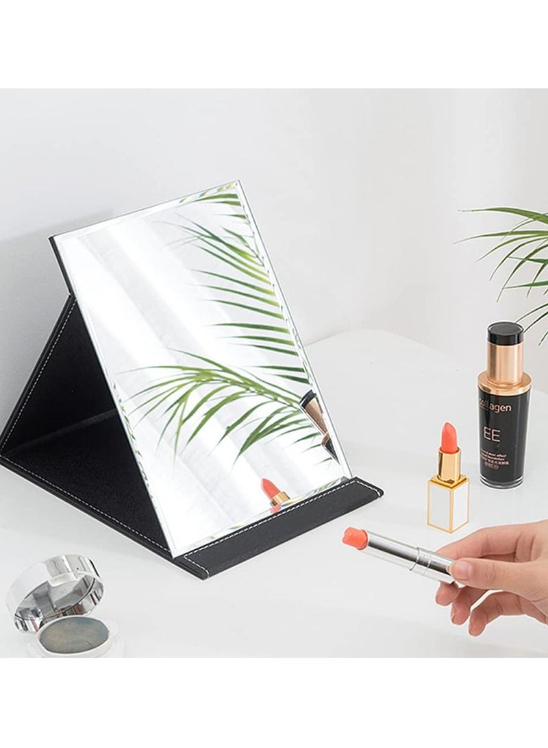 Portable Folding Vanity Mirror, Desktop Makeup Mirror with Adjustable Stand, PU Leather Travel Mirror for Camping, Home