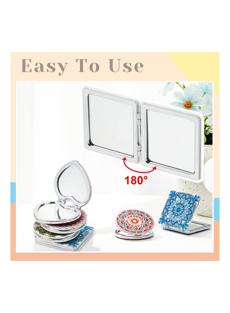 , 4 Pcs Diamond Painting Mirrors, DIY Pocket Mirror with Mandala Coloful Diamond Painting Cover, Portable Folding Mirror for Women Girls Kids, 3 Shapes