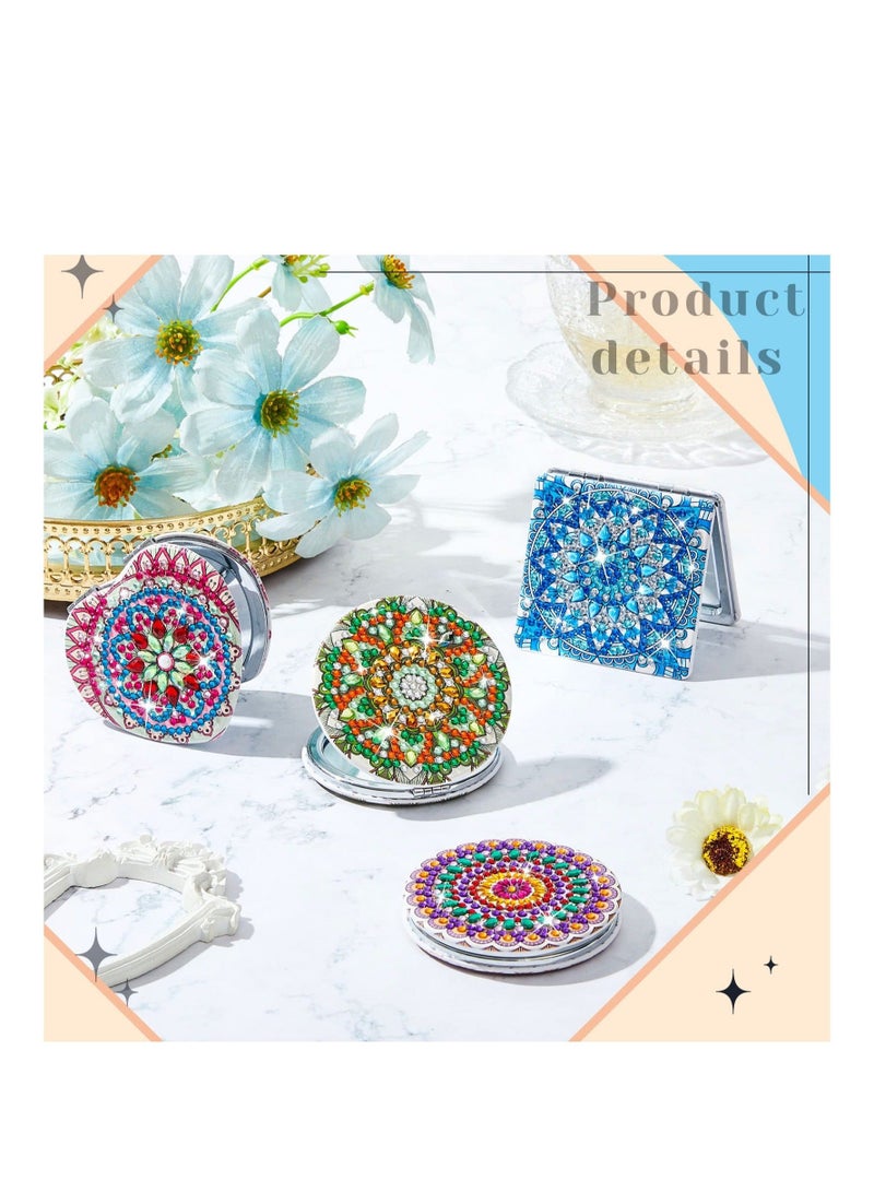 , 4 Pcs Diamond Painting Mirrors, DIY Pocket Mirror with Mandala Coloful Diamond Painting Cover, Portable Folding Mirror for Women Girls Kids, 3 Shapes