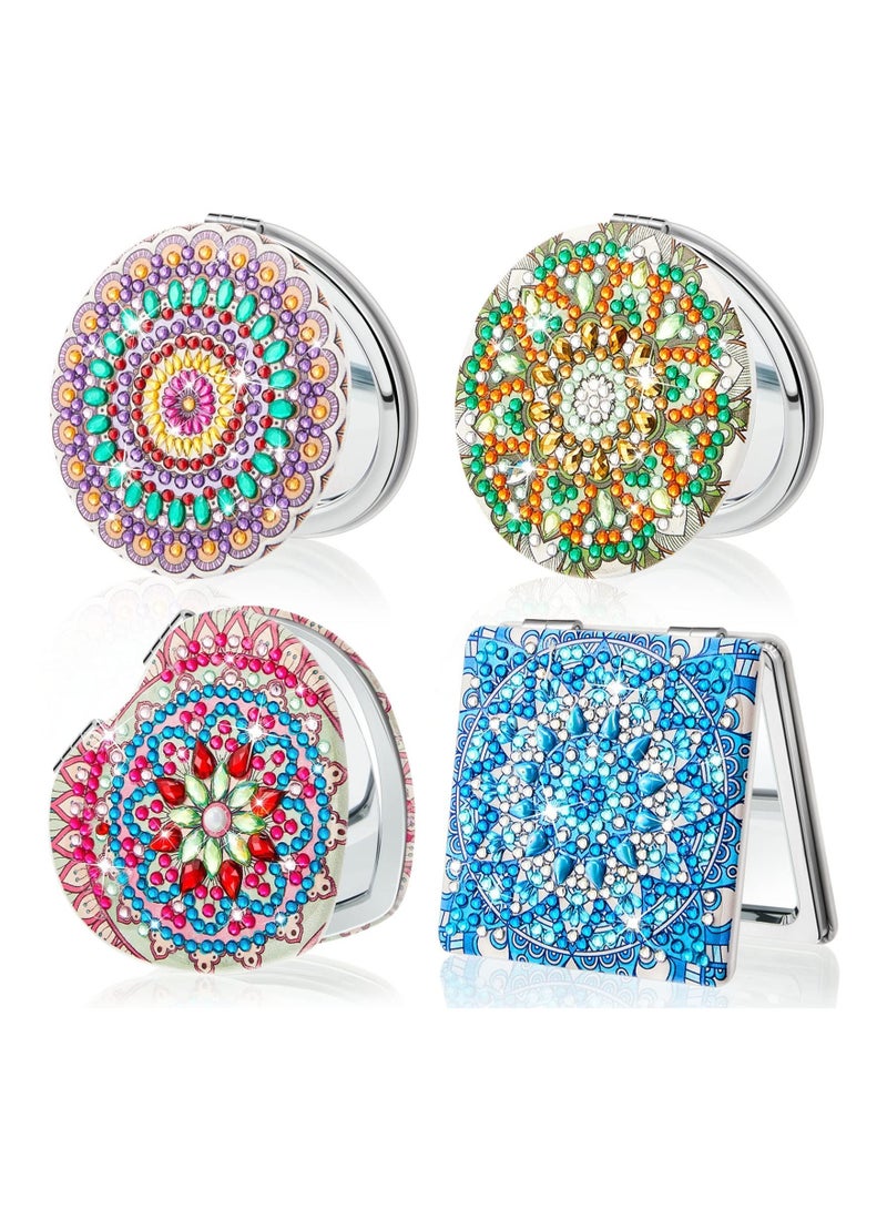 , 4 Pcs Diamond Painting Mirrors, DIY Pocket Mirror with Mandala Coloful Diamond Painting Cover, Portable Folding Mirror for Women Girls Kids, 3 Shapes