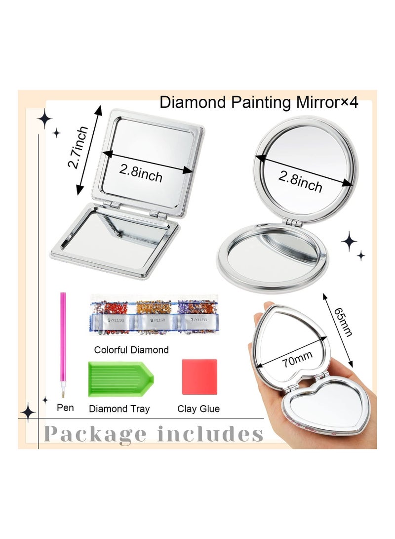 , 4 Pcs Diamond Painting Mirrors, DIY Pocket Mirror with Mandala Coloful Diamond Painting Cover, Portable Folding Mirror for Women Girls Kids, 3 Shapes