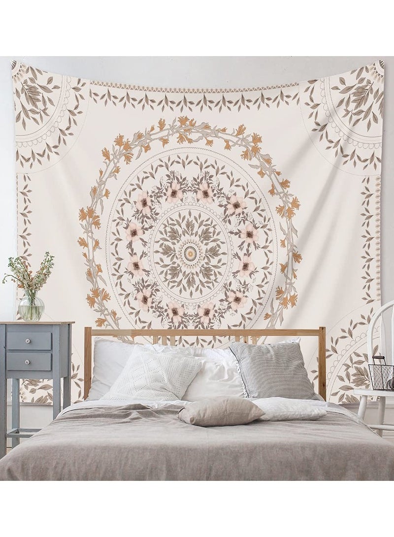 SYOSI White Bohemian Tapestry Wall Hanging, Mandala Floral Medallion Hippie Tapestry with Light Brown Aesthetic Wreath Design, Cream Wall Decor Blanket for Bedroom Home Dorm