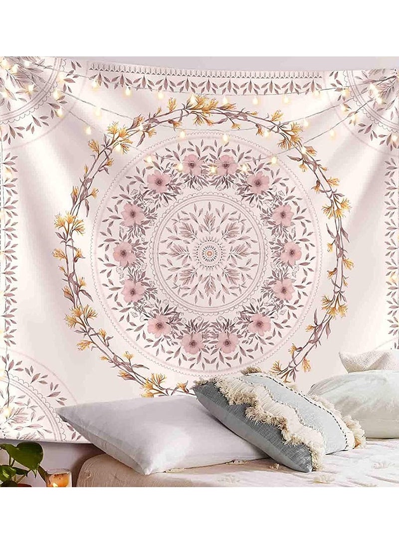 SYOSI White Bohemian Tapestry Wall Hanging, Mandala Floral Medallion Hippie Tapestry with Light Brown Aesthetic Wreath Design, Cream Wall Decor Blanket for Bedroom Home Dorm