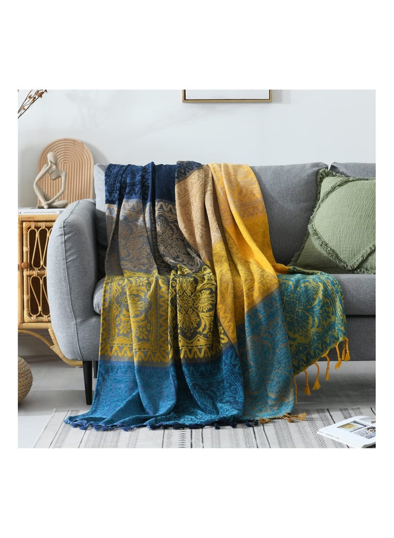 Boho Couch Cover Blanket - Boho Tribal Woven Chenille Throw Blanket wiz Tassel, Bohemian Hippie Decor for Bed Sofa Loveseat Recliner(Blue Yellow, 60x75)