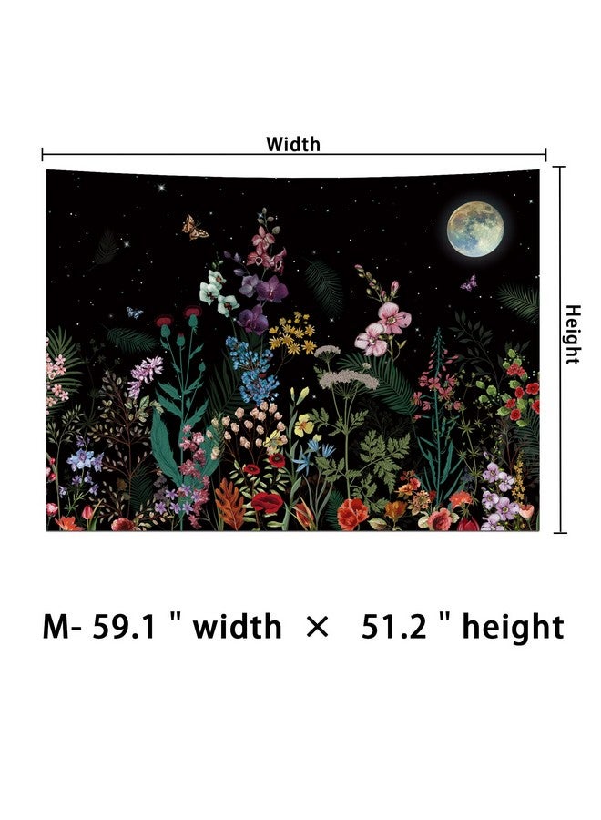 Floral Plants Tapestry Galaxy Moon Stars Tapestry Vintage Boho Flower Butterfly Tapestry Black Starry Sky Nature Tapestry Wall Hanging For Bedroom