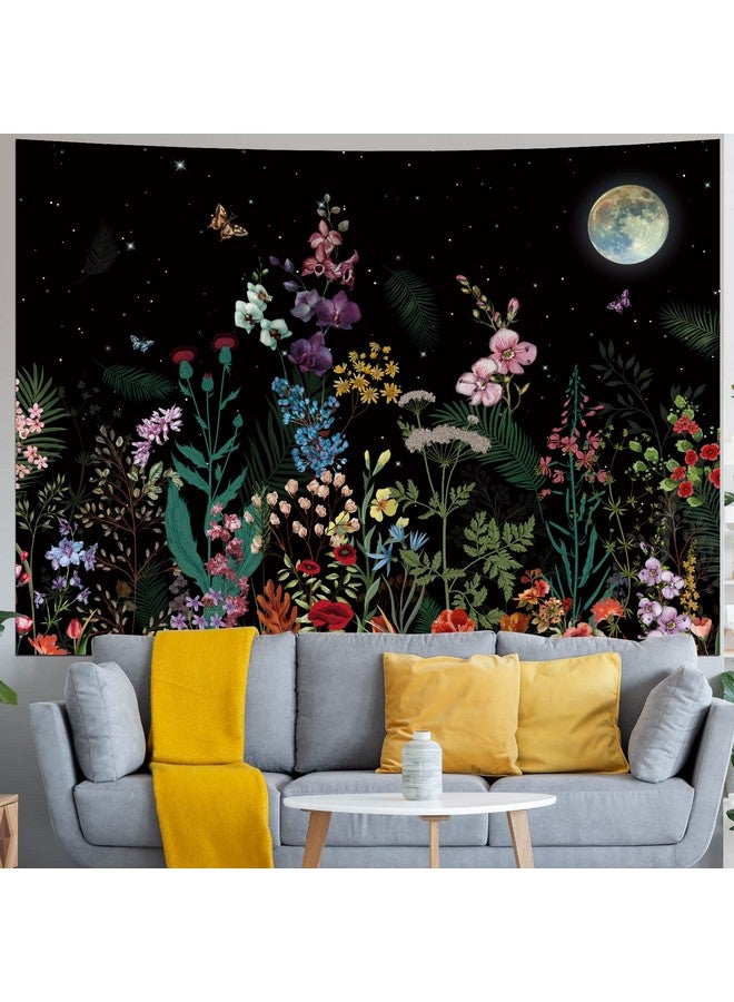 Floral Plants Tapestry Galaxy Moon Stars Tapestry Vintage Boho Flower Butterfly Tapestry Black Starry Sky Nature Tapestry Wall Hanging For Bedroom