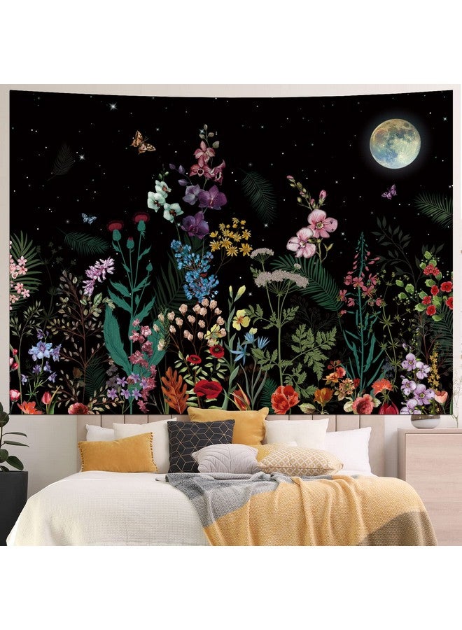 Floral Plants Tapestry Galaxy Moon Stars Tapestry Vintage Boho Flower Butterfly Tapestry Black Starry Sky Nature Tapestry Wall Hanging For Bedroom