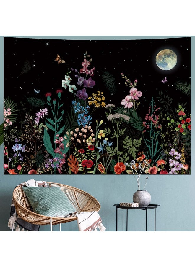 Floral Plants Tapestry Galaxy Moon Stars Tapestry Vintage Boho Flower Butterfly Tapestry Black Starry Sky Nature Tapestry Wall Hanging For Bedroom