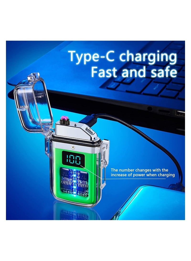 Waterproof Electric Lighter With Type C Charging, Transparent Shell With Digital Display, Glowing Transparent Design, And Pulse Lighter Technology Green