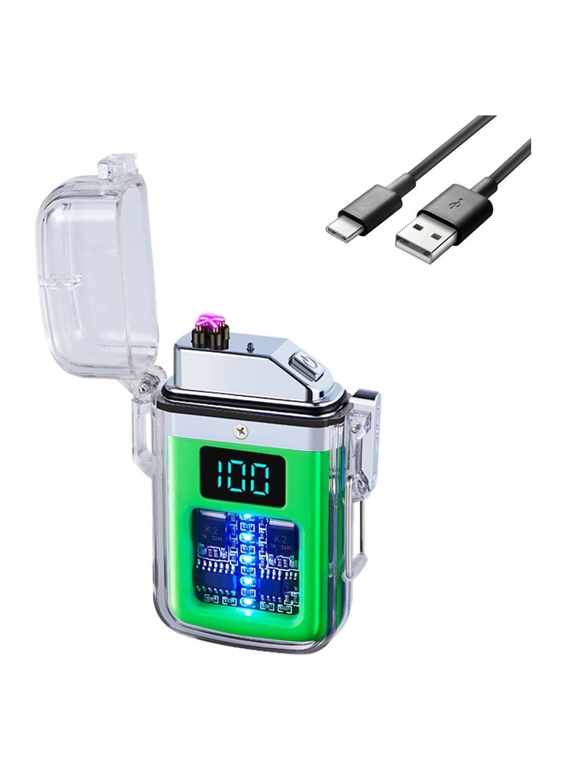 Waterproof Electric Lighter With Type C Charging, Transparent Shell With Digital Display, Glowing Transparent Design, And Pulse Lighter Technology Green