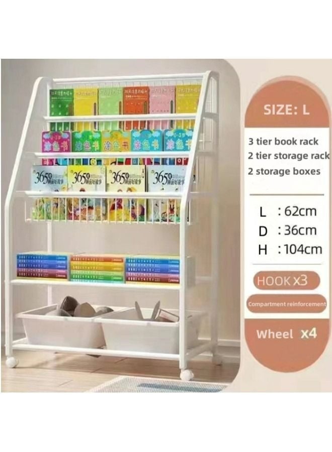 Kid Bookshelf Children's Book Rack Organizer Iron Children's Toy Storage Rack with 2 Storage Box for Playroom Bedroom Living Room