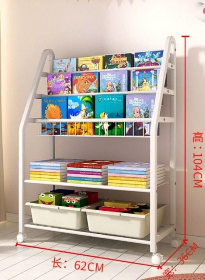 Kid Bookshelf Children's Book Rack Organizer Iron Children's Toy Storage Rack with 2 Storage Box for Playroom Bedroom Living Room