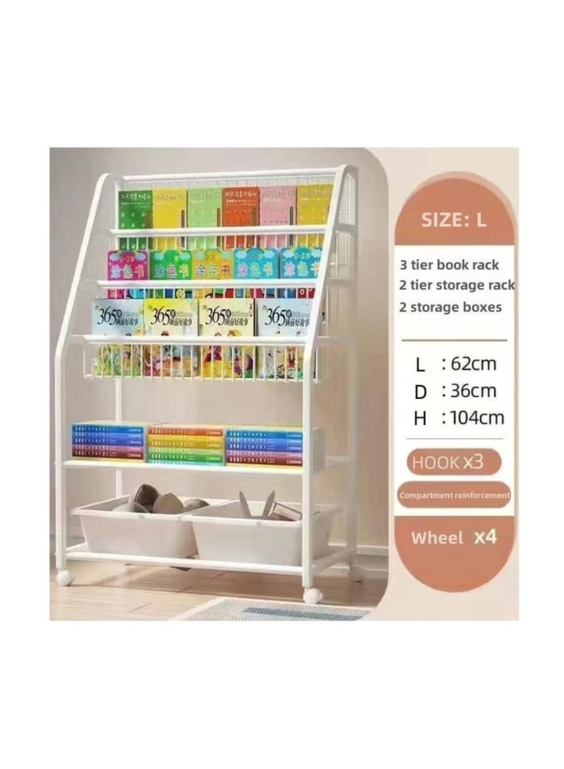 Kid Bookshelf Children's Book Rack Organizer Iron Children's Toy Storage Rack with 2 Storage Box for Playroom Bedroom Living Room