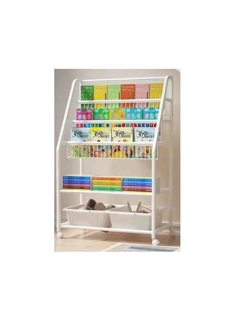 Kid Bookshelf Children's Book Rack Organizer Iron Children's Toy Storage Rack with 2 Storage Box for Playroom Bedroom Living Room