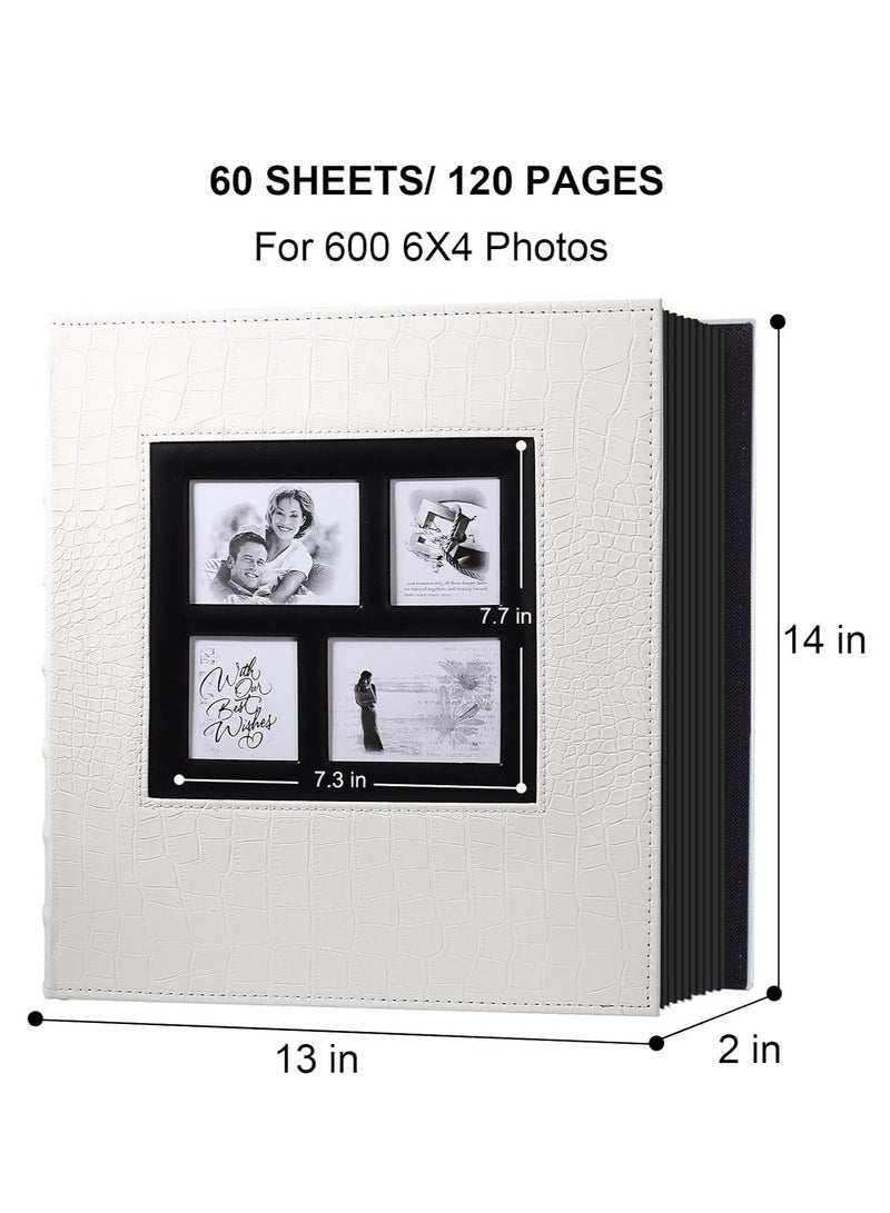 Photo Album for 600 4x6 Photos Leather Cover Extra Large Capacity for Family Wedding Anniversary Baby Vacation (White with Crocodile Pattern & 600 Pockets)