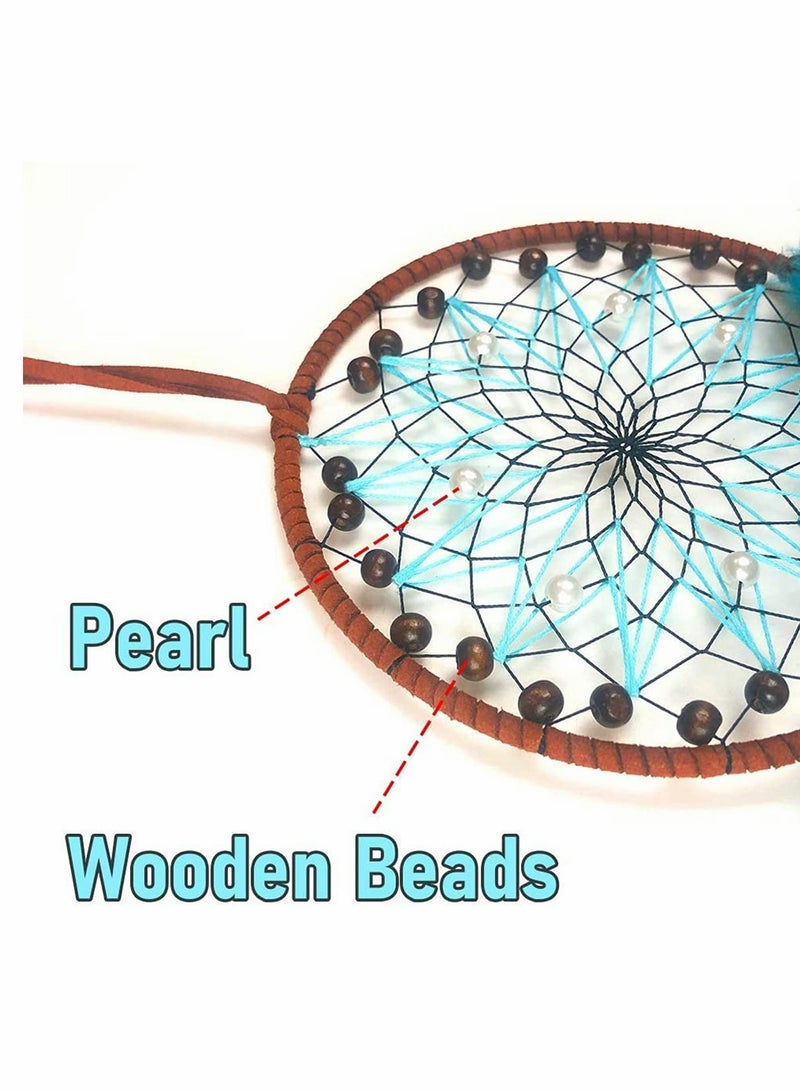 Blue Dream Catchers, Boho Handmade Pearl and Wooden Beads Blue Feather Traditional Circular Net for Wall Hanging Decor, Art Ornament Craft Gift, Outdoor Garden Decor, Home Decoration