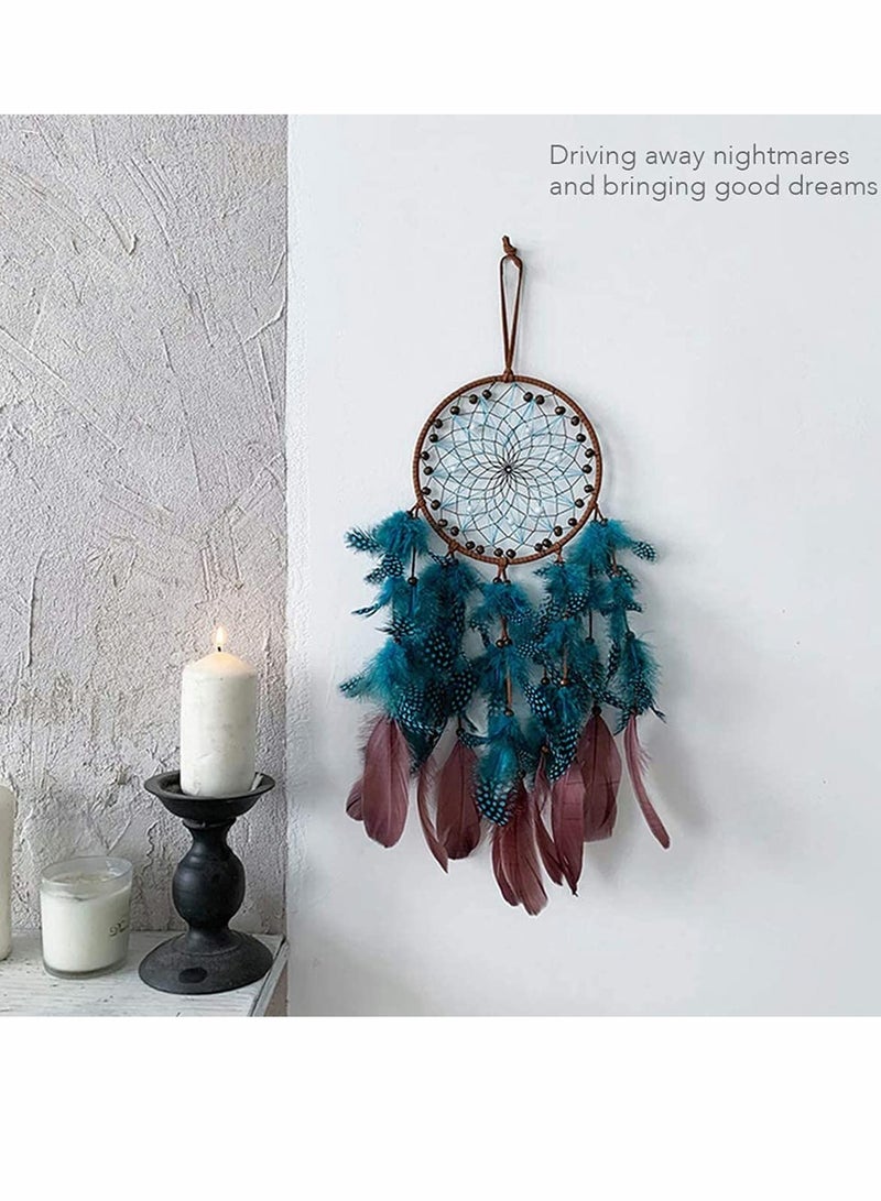 Blue Dream Catchers, Boho Handmade Pearl and Wooden Beads Blue Feather Traditional Circular Net for Wall Hanging Decor, Art Ornament Craft Gift, Outdoor Garden Decor, Home Decoration