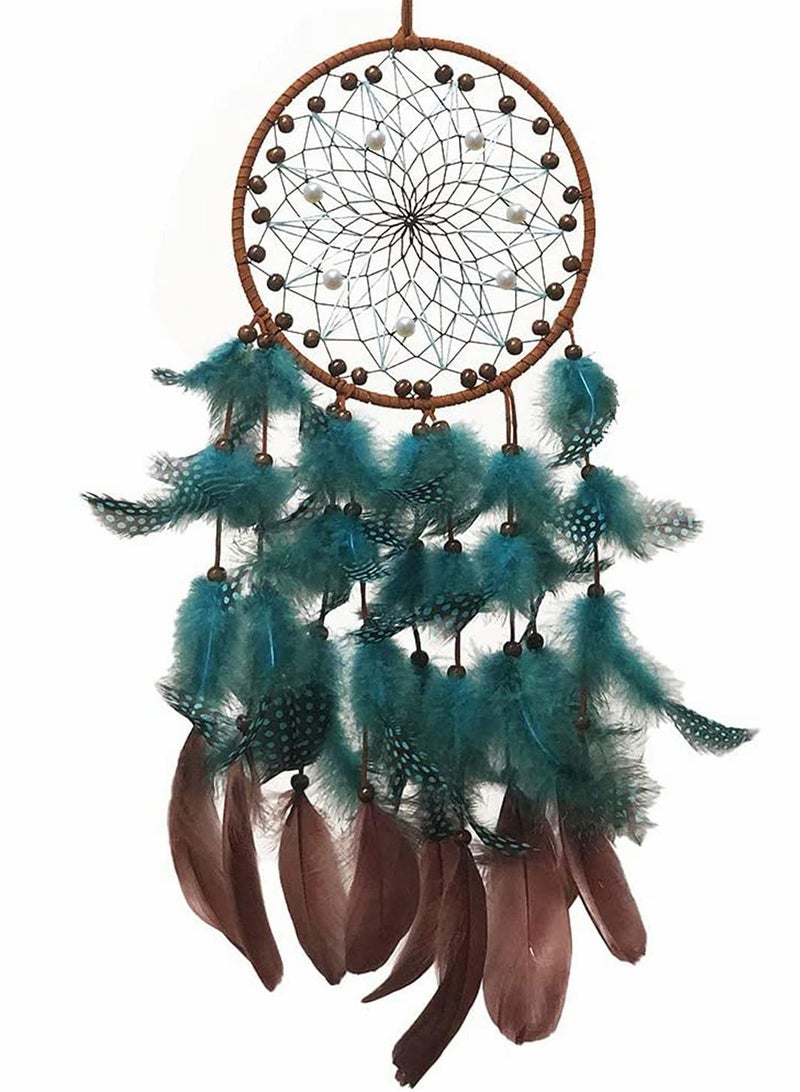 Blue Dream Catchers, Boho Handmade Pearl and Wooden Beads Blue Feather Traditional Circular Net for Wall Hanging Decor, Art Ornament Craft Gift, Outdoor Garden Decor, Home Decoration