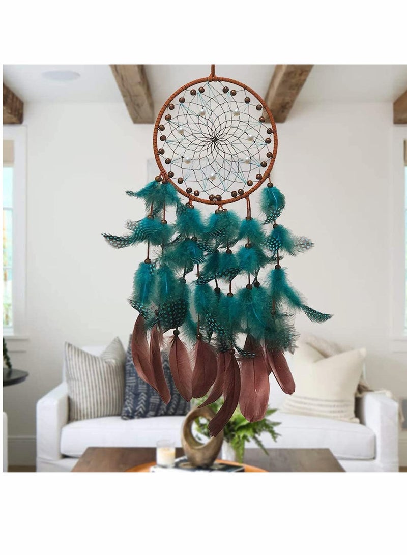 Blue Dream Catchers, Boho Handmade Pearl and Wooden Beads Blue Feather Traditional Circular Net for Wall Hanging Decor, Art Ornament Craft Gift, Outdoor Garden Decor, Home Decoration