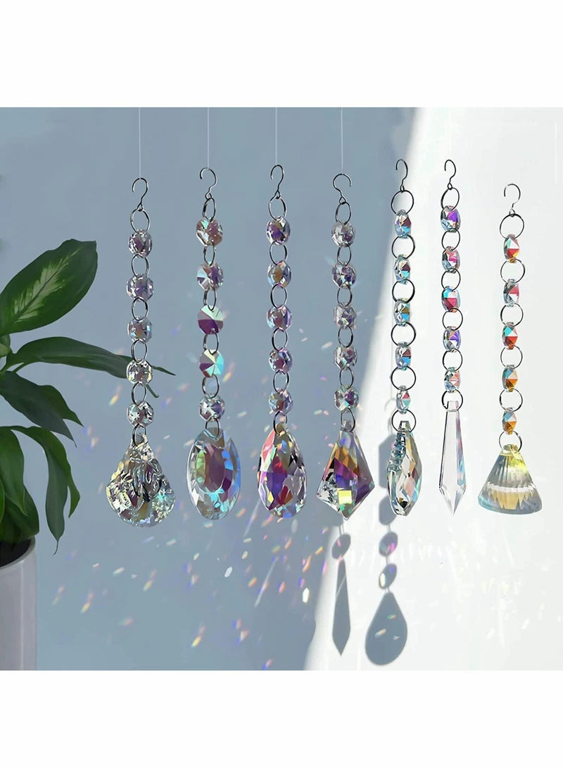 Sun Catchers with Crystals, 7 Pcs Hanging Crystals Suncatchers for Windows, Colored Crystals Prisms Glass Pendant Suncatchers Beads for Chandeliers, Garden, Tree Decoration