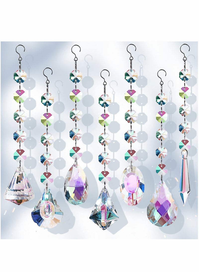 Sun Catchers with Crystals, 7 Pcs Hanging Crystals Suncatchers for Windows, Colored Crystals Prisms Glass Pendant Suncatchers Beads for Chandeliers, Garden, Tree Decoration