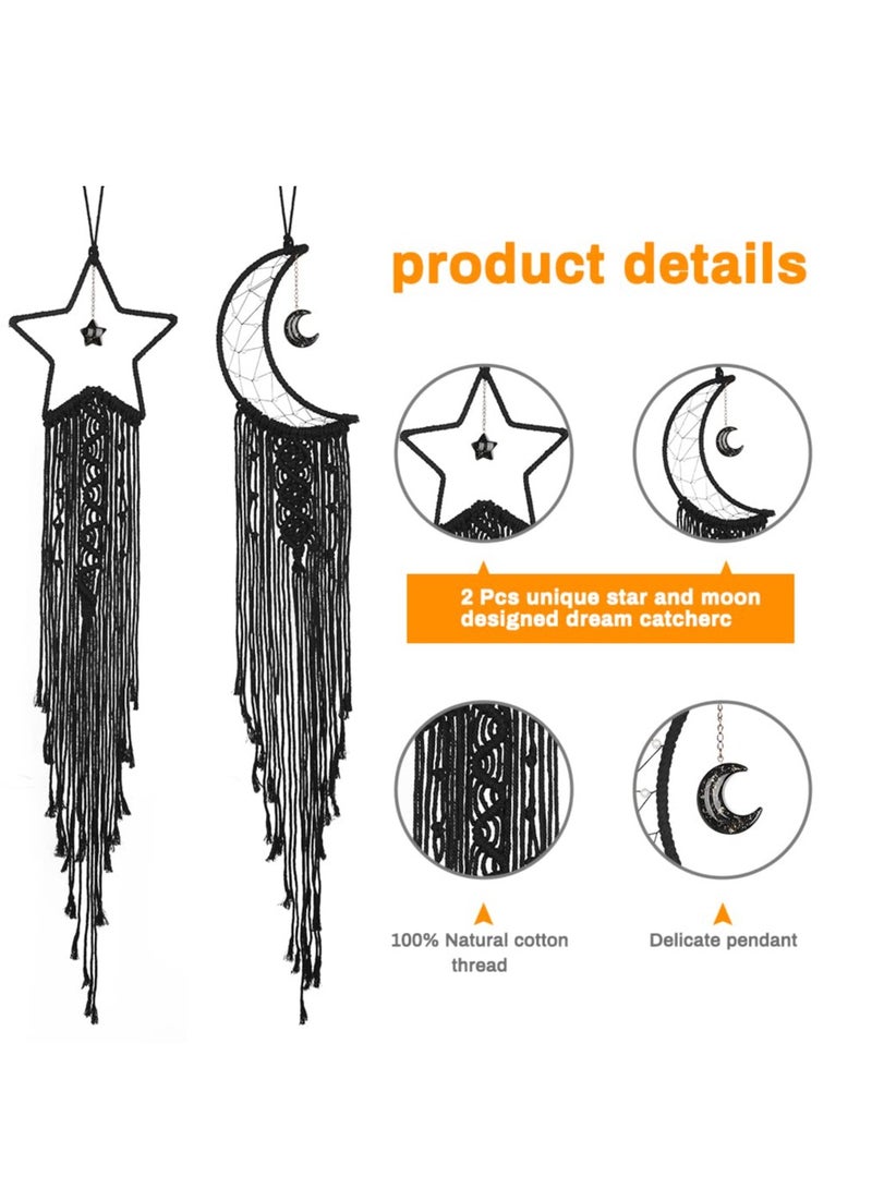 Dream Catcher, 2Pcs Moon Star Dream Catcher Bedroom Accessories Black Handmade Wall Decor DIY Dreamcatcher Kit With LED String LIght For Girls Kids Bedroom Wall Hanging Decoration Gift, Black