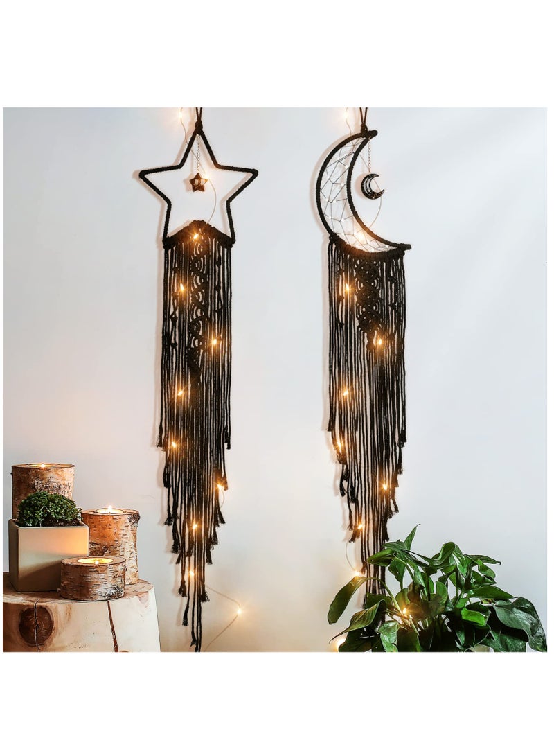 Dream Catcher, 2Pcs Moon Star Dream Catcher Bedroom Accessories Black Handmade Wall Decor DIY Dreamcatcher Kit with LED String LIght for Girls Kids Bedroom Wall Hanging Decoration Gift, Black