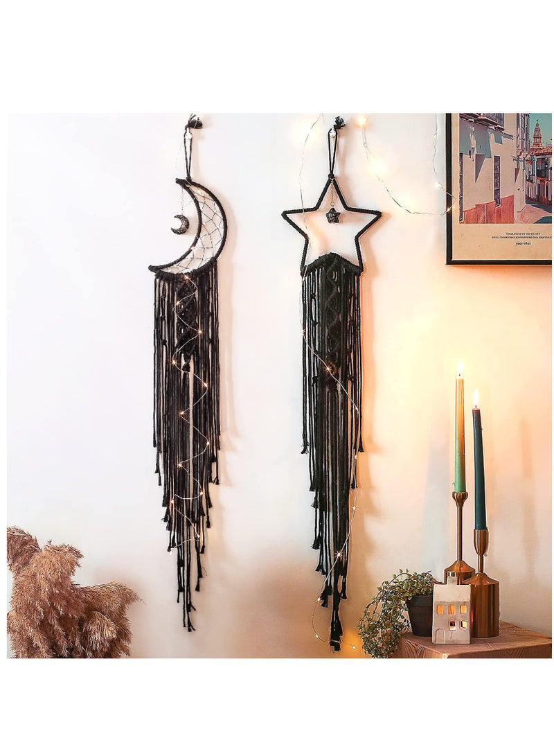 Dream Catcher, 2Pcs Moon Star Dream Catcher Bedroom Accessories Black Handmade Wall Decor DIY Dreamcatcher Kit with LED String LIght for Girls Kids Bedroom Wall Hanging Decoration Gift, Black