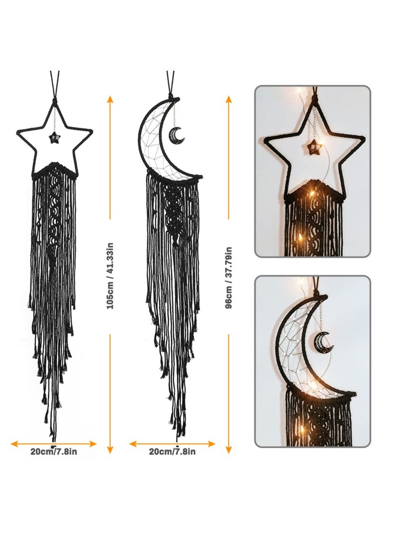 Dream Catcher, 2Pcs Moon Star Dream Catcher Bedroom Accessories Black Handmade Wall Decor DIY Dreamcatcher Kit with LED String LIght for Girls Kids Bedroom Wall Hanging Decoration Gift, Black