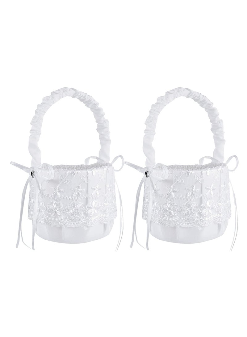 2 Pack White Flower Girl Basket Wedding Basket for Flower Girls  Satin Flower Girl Basket