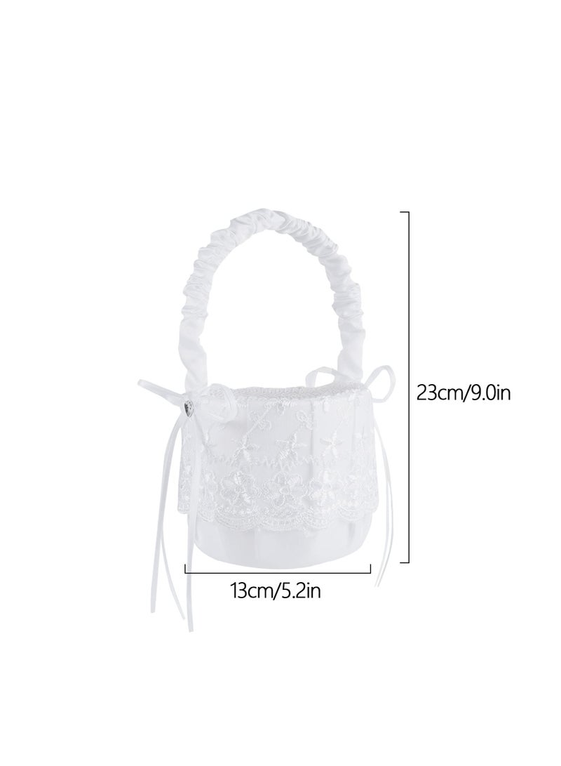 2 Pack White Flower Girl Basket Wedding Basket for Flower Girls  Satin Flower Girl Basket