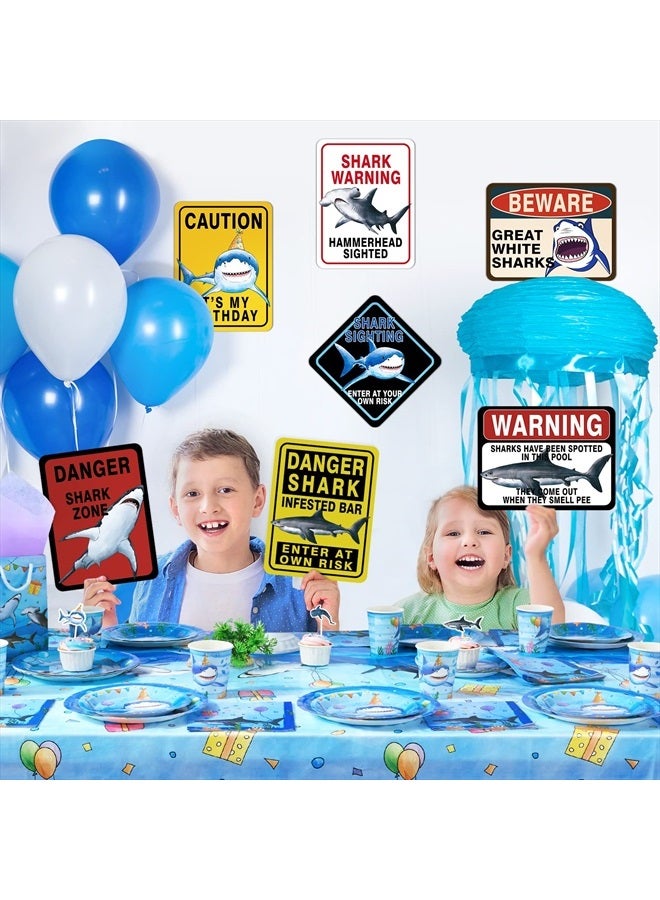 Shark Zone Party Decorations - 9 PCS Shark Party Warning Signs for Boys Kids Birthday Shark Party Wall Decorations Ocean Shark Themed Party Supplies