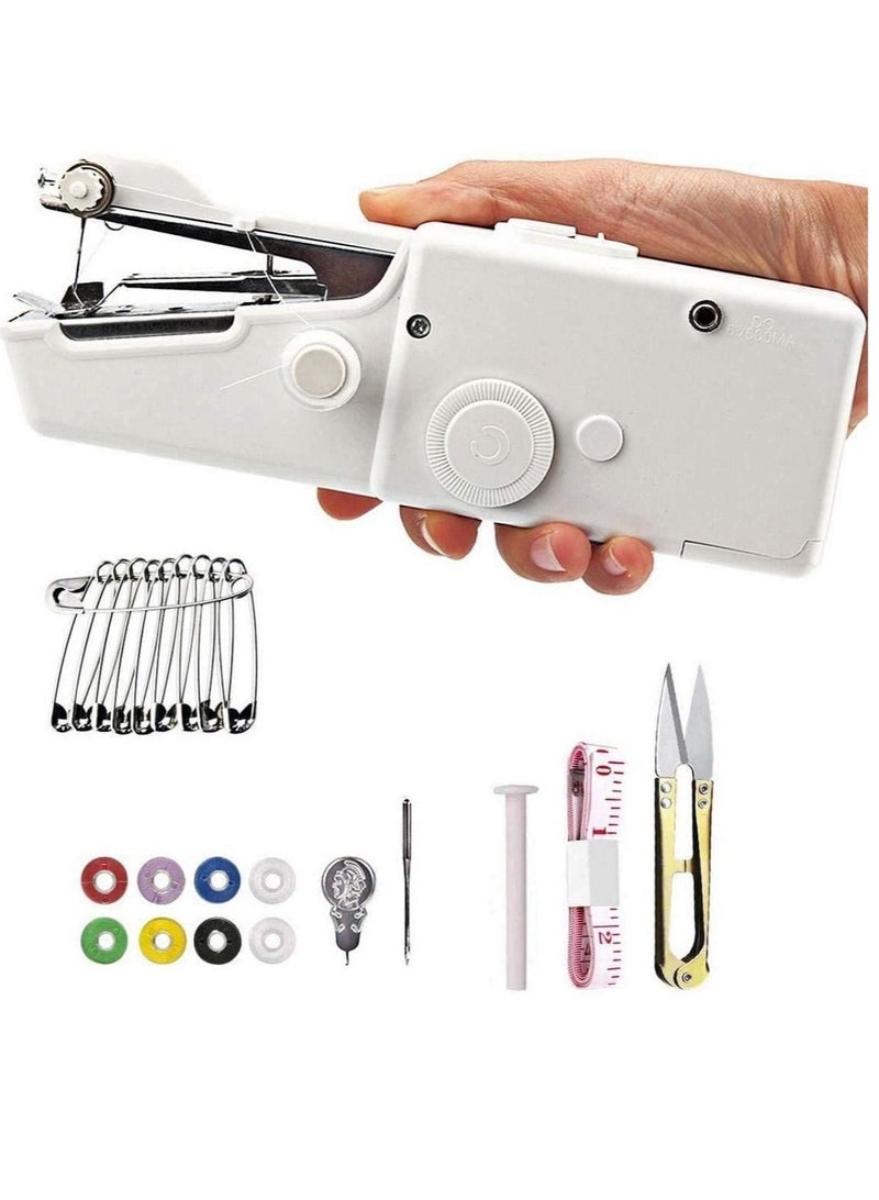 Mini Handheld Sewing Machine, Quick Handy Stitch Portable Hand Cordless With accessories for Beginner Fabric Clothing Children's Kids Cloth Curtain Home Travel DIY Household Use White