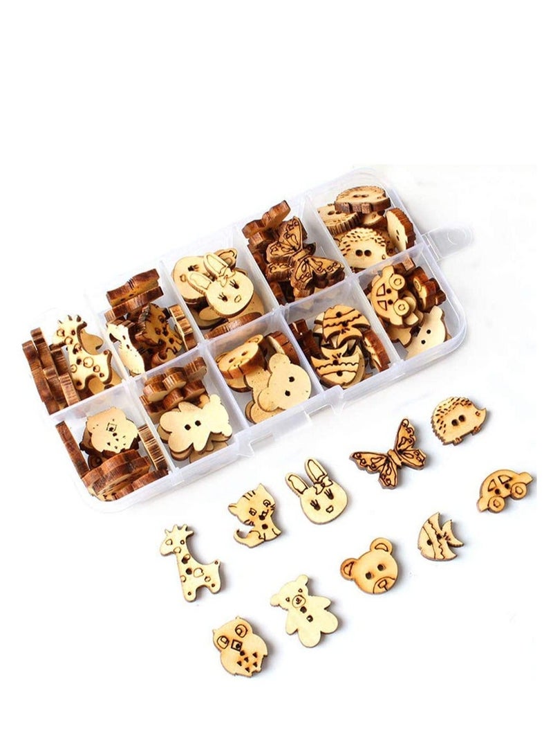 SYOSI Cartoons Wooden Buttons Animal Shape Hollow 2 Holes Vintage with Plastic Storage Box for Crafting Sewing Crafts Knitting Children DIY Painting Gift Decoration 100Pcs