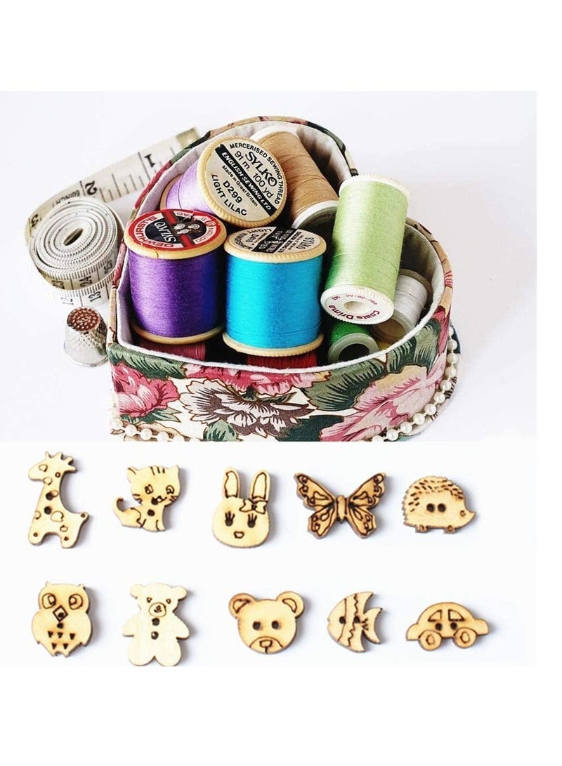 SYOSI Cartoons Wooden Buttons Animal Shape Hollow 2 Holes Vintage with Plastic Storage Box for Crafting Sewing Crafts Knitting Children DIY Painting Gift Decoration 100Pcs