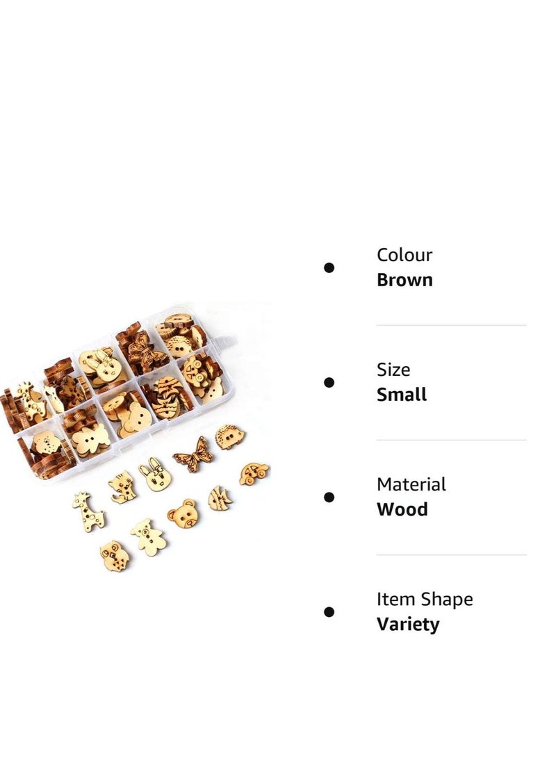 SYOSI Cartoons Wooden Buttons Animal Shape Hollow 2 Holes Vintage with Plastic Storage Box for Crafting Sewing Crafts Knitting Children DIY Painting Gift Decoration 100Pcs