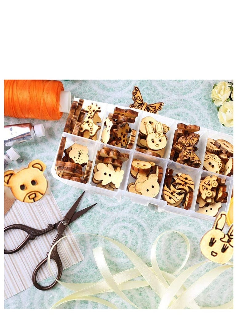 SYOSI Cartoons Wooden Buttons Animal Shape Hollow 2 Holes Vintage with Plastic Storage Box for Crafting Sewing Crafts Knitting Children DIY Painting Gift Decoration 100Pcs