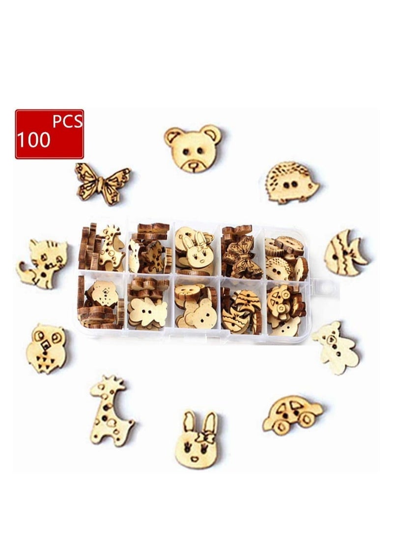 SYOSI Cartoons Wooden Buttons Animal Shape Hollow 2 Holes Vintage with Plastic Storage Box for Crafting Sewing Crafts Knitting Children DIY Painting Gift Decoration 100Pcs