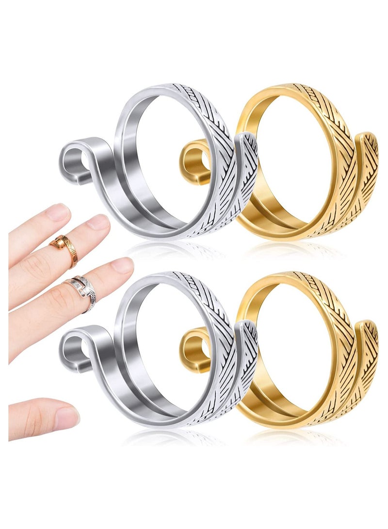 4 Pack Knitting Crochet Loop Ring for Fingers, Adjustable Tension Ring, Metal Open Yarn Guide Finger Holders, Thimbles Crochet- 2 Gold & Silver